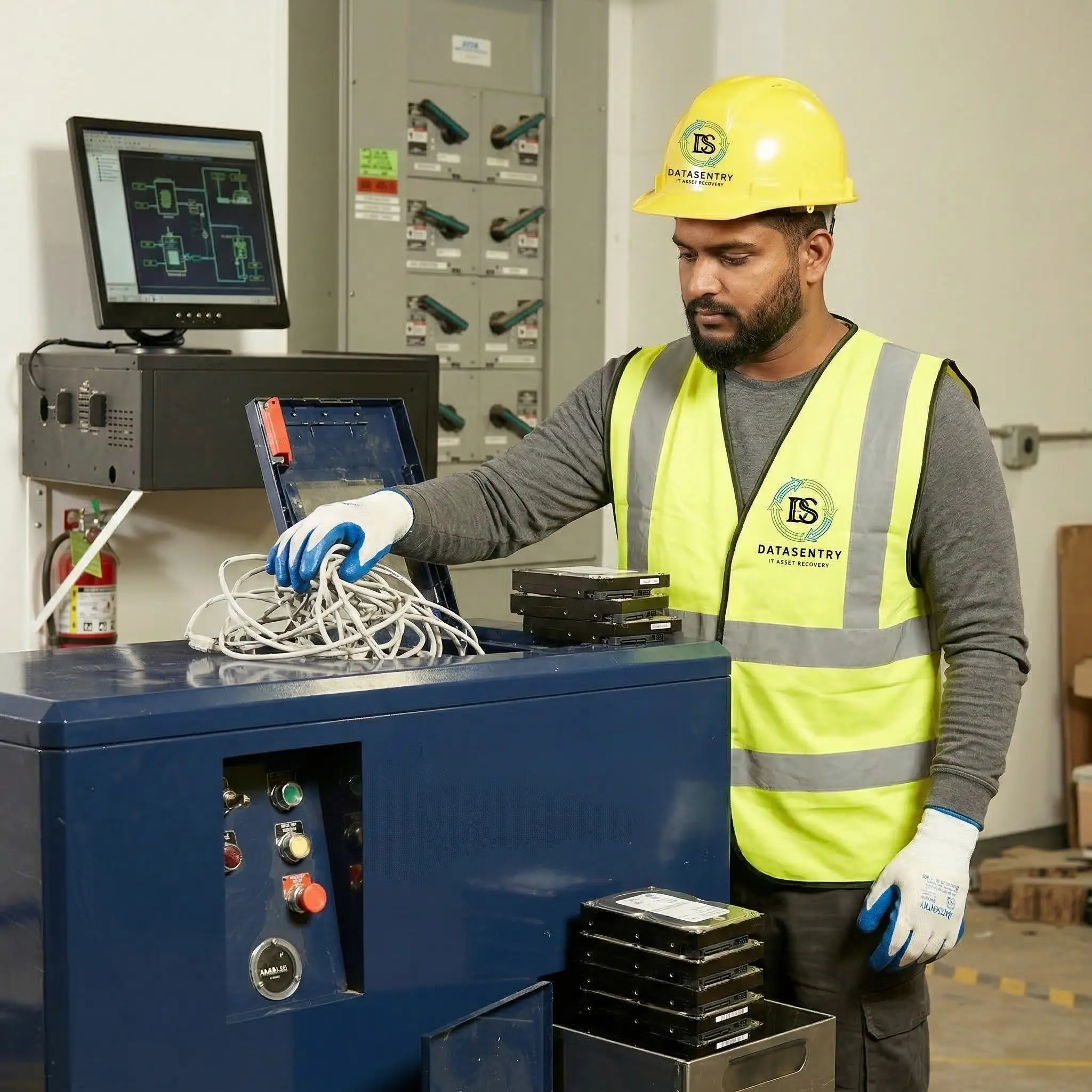 Data Sentry secure data destruction specialist shredding corporate hard drives in a certified facility in Dubai